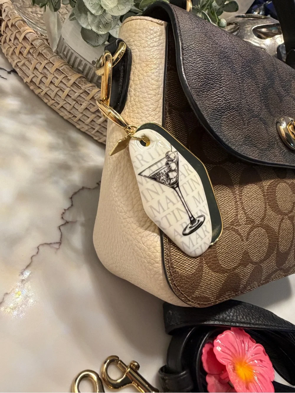 Coach Brown Signature Canvas Satchel with Black Flap and Gold Hardware